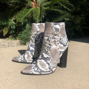 Snake print high heeled bootie